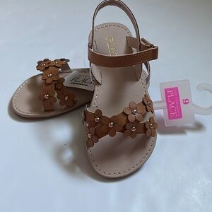 The Children Place, Flower tan sandals, size 9. Flower details at foot straps